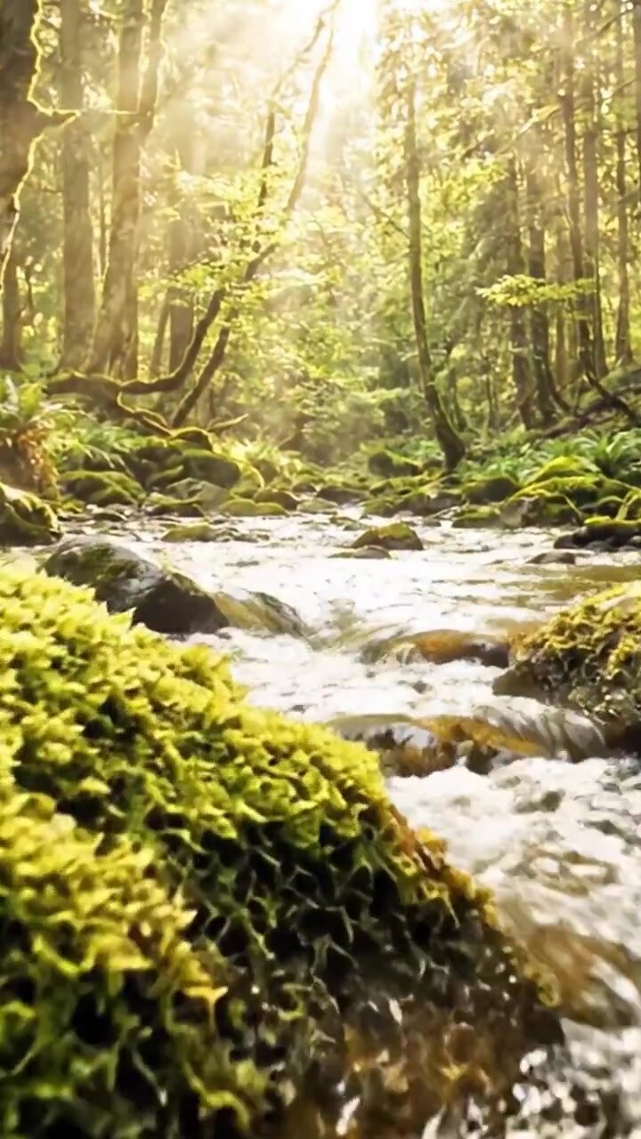 Un ruscello sereno nel bosco: la luce del sole affascinante filtra attraverso la vegetazione lussureggiante, illuminando le acque che scorrono e le pietre coperte di muschio in una tranquilla scena naturale.