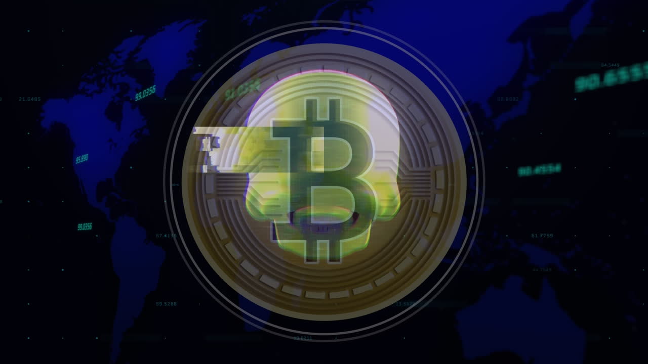 animación de cráneo y bitcoin sobre el procesamiento de datos en fondo negro