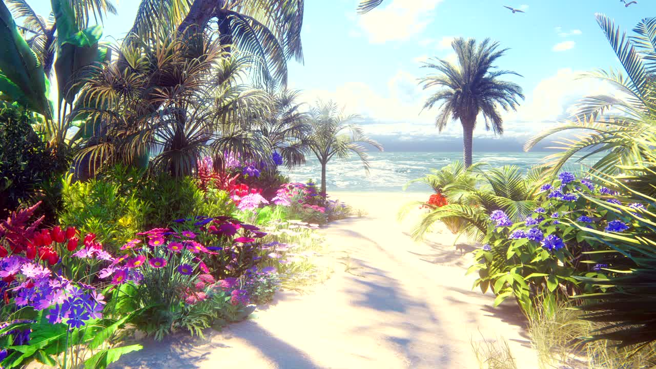 un hermoso paisaje con una playa fabulosa con hermosas flores y árboles que crecen en ella, cielo azul y arena blanca lavada por la ola del océano. hermosa animación de bucle 3d.