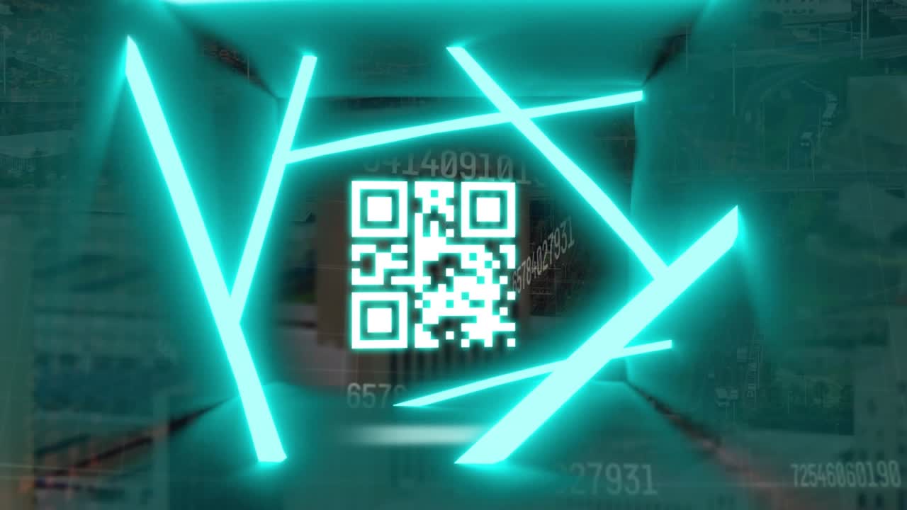 Animation of neon lights and qr code over modern buildings