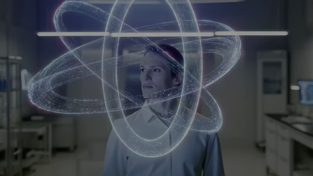 Man in lab with atom hologram