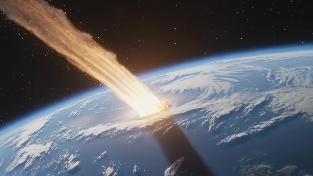 Flammende meteor ses øverst til venstre, styrter mod Jorden, skaber flammende spor og glødende nedslagssky.