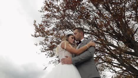 Lovely-young-newlyweds-bride-groom-embracing-on-cloudy-sky-background,-wedding-couple-family-in-love