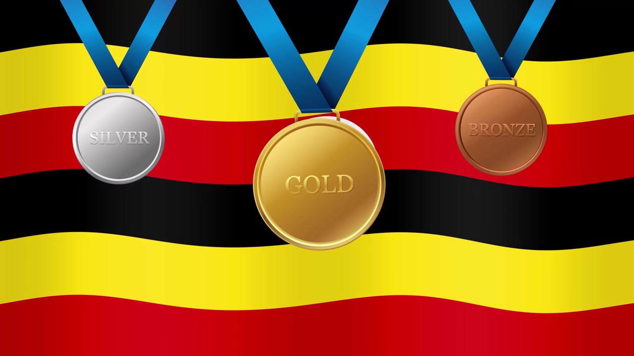 Medaglie d'oro, d'argento e di bronzo cadono su una bandiera dell'Uganda che sventola in un loop continuo
