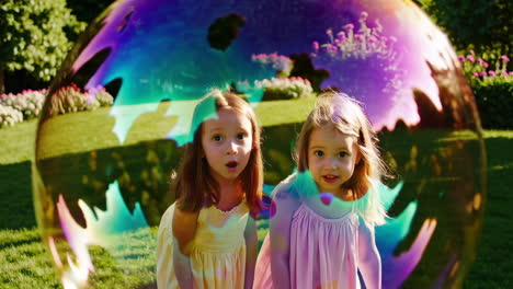 two young girls playing with a giant iridescent bubble in a garden