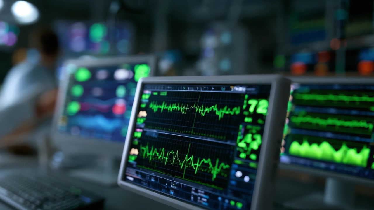 Advanced Health Monitoring System Displaying Vital Signs and Data Trends on Multiple Screens in a Modern Healthcare Environment