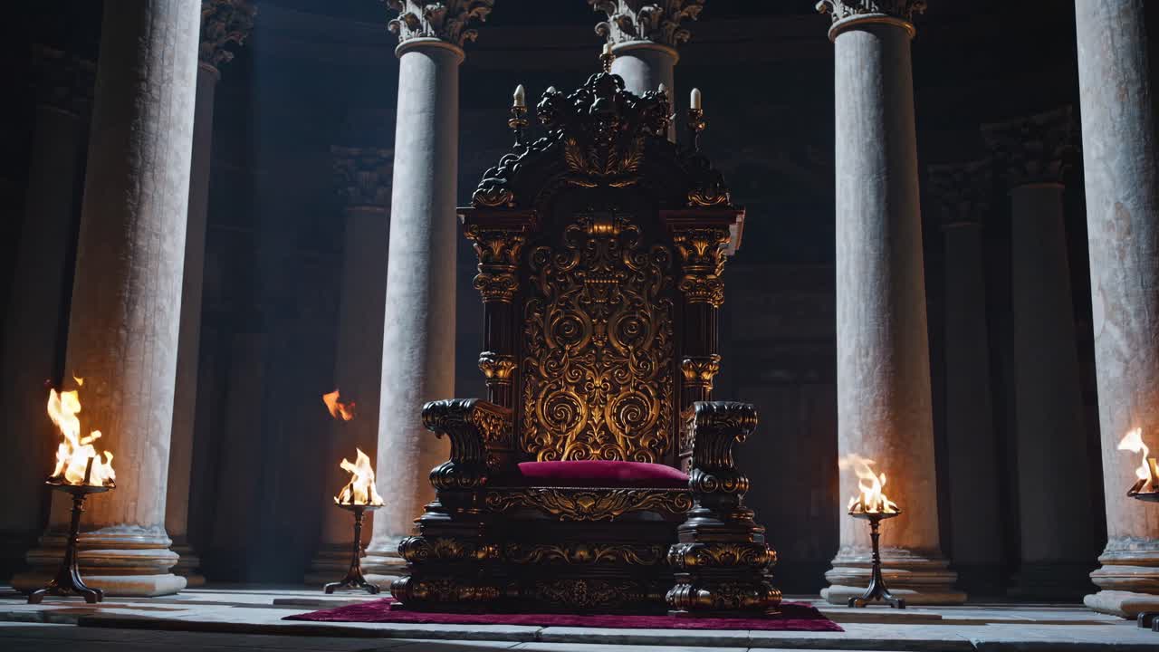 Majestic throne room with ornate chair, lit by torches
