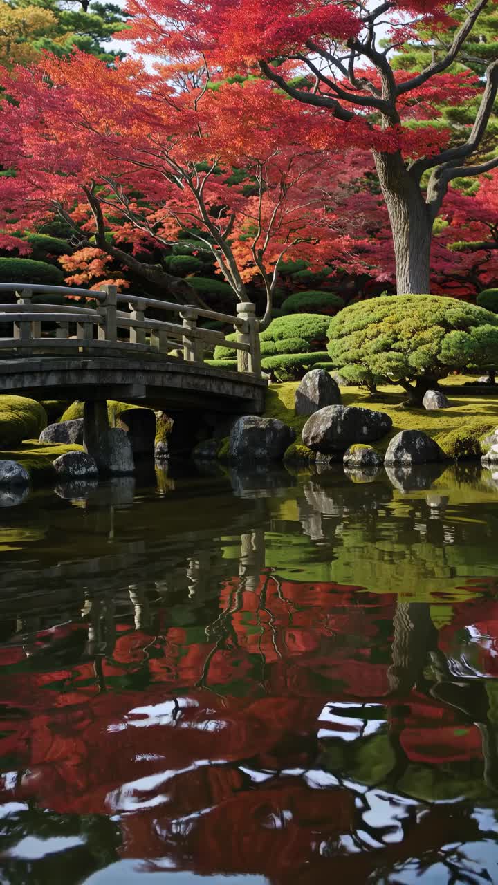 Una serena scena di un giardino con un ponte di legno e un vivace fogliame autunnale