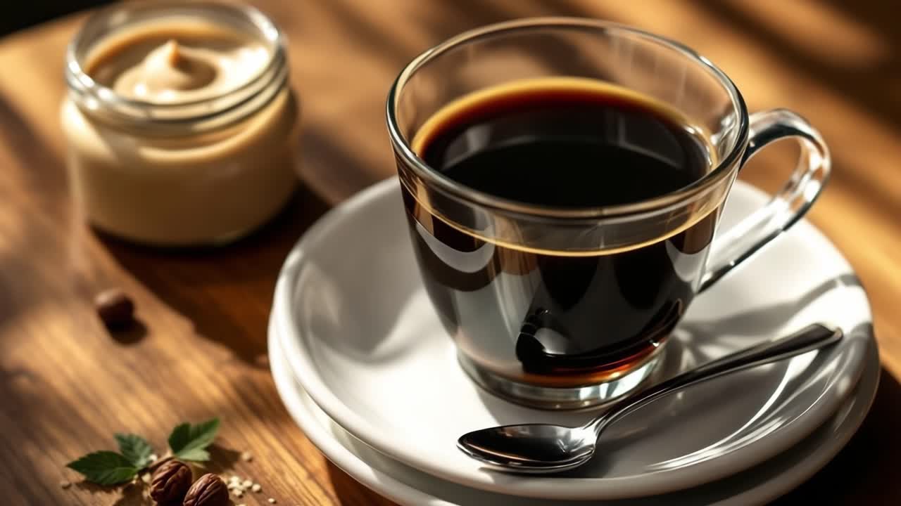 Black coffee in glass cup, garnished with tahini cream, coffee beans, sesame seeds on rustic wooden surface, illuminated by soft morning light