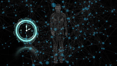 animación de reloj en movimiento sobre moléculas y modelo humano caminante sobre fondo negro