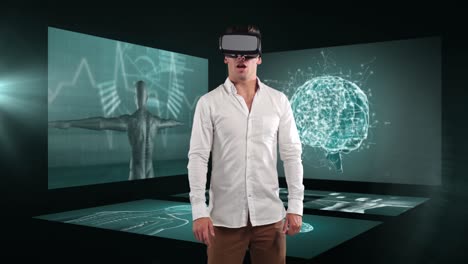 animation of businessman wearing vr headset over screens with medical data processing