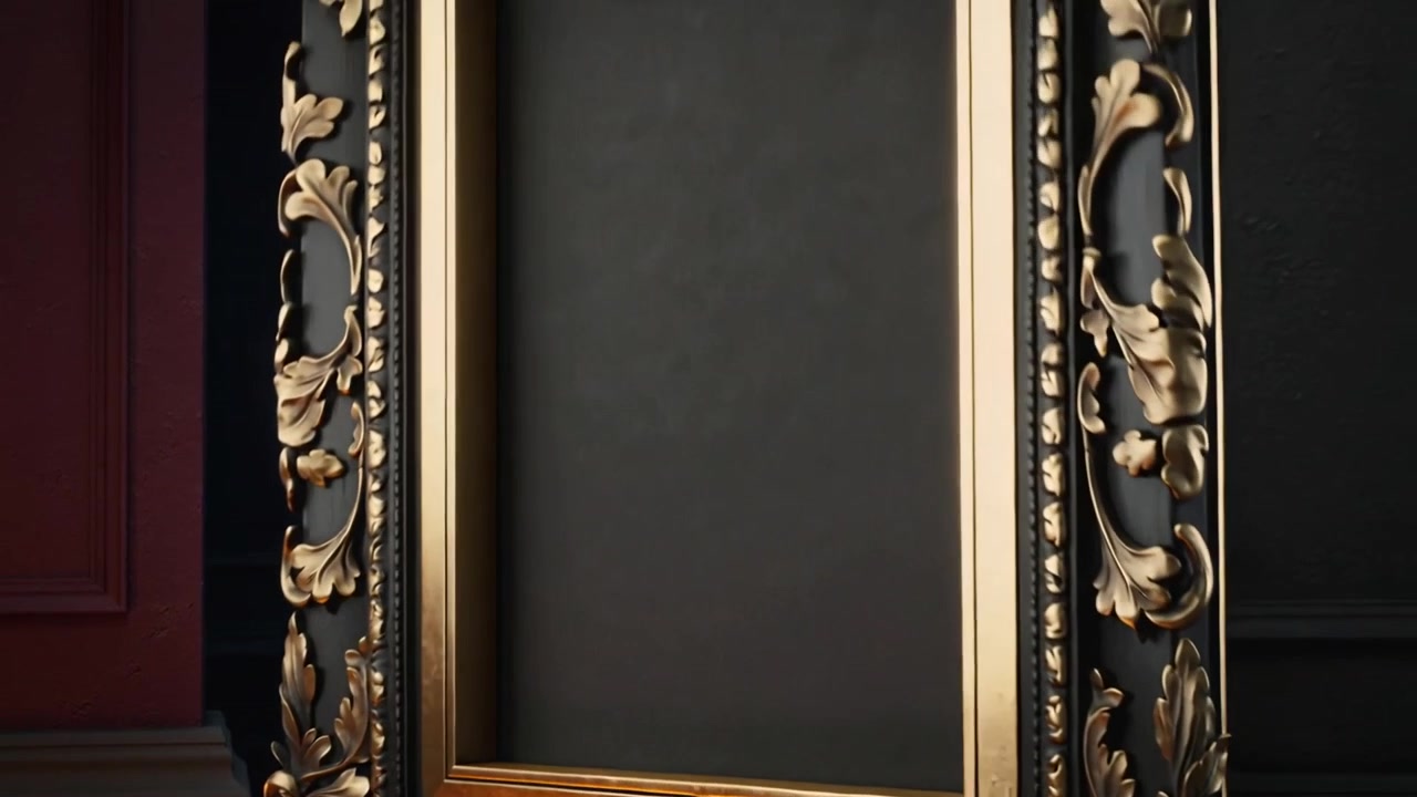 Telecamera panoramica che rivela una cornice dorata ornata su una parete a pannelli di una galleria, mostrando intagli dorati.