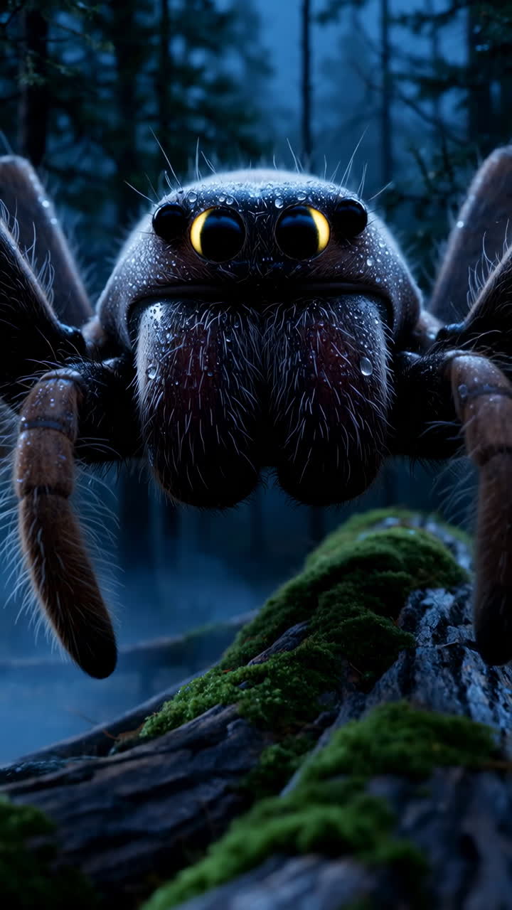 Close-up of a giant hairy spider with dew drops in a dark forest