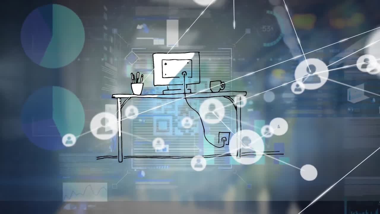 animación de la red de iconos de perfil sobre escáner de código qr y procesamiento de datos estadísticos