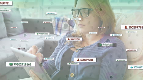 Woman using tablet with data processing animation overlaid on screen