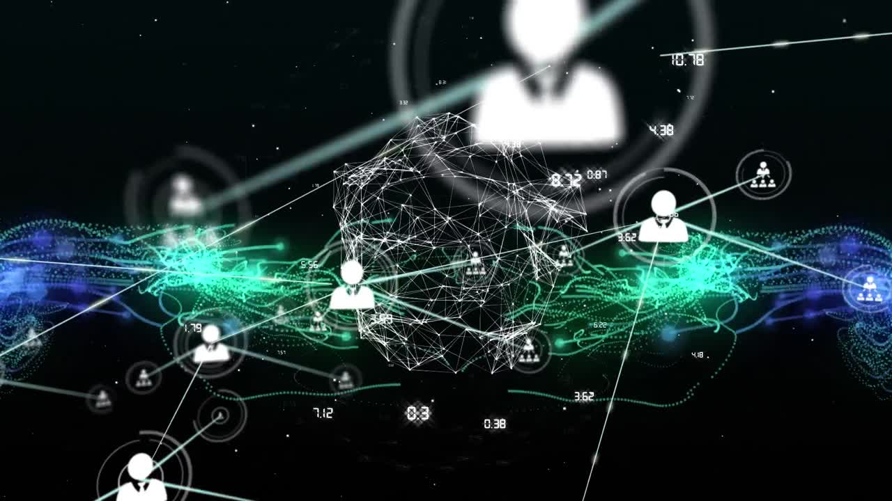 검은색 배경에 사용자 아이콘과 글로브의 연결 네트워크의 애니메이션