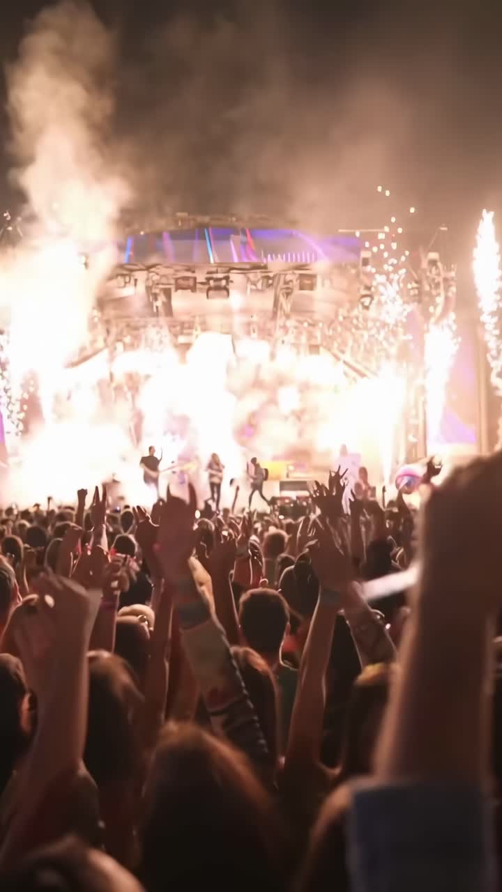 Ángulo ascendente que captura una multitud vibrante en un concierto con las manos levantadas, perfecto para un vídeo lleno de vida