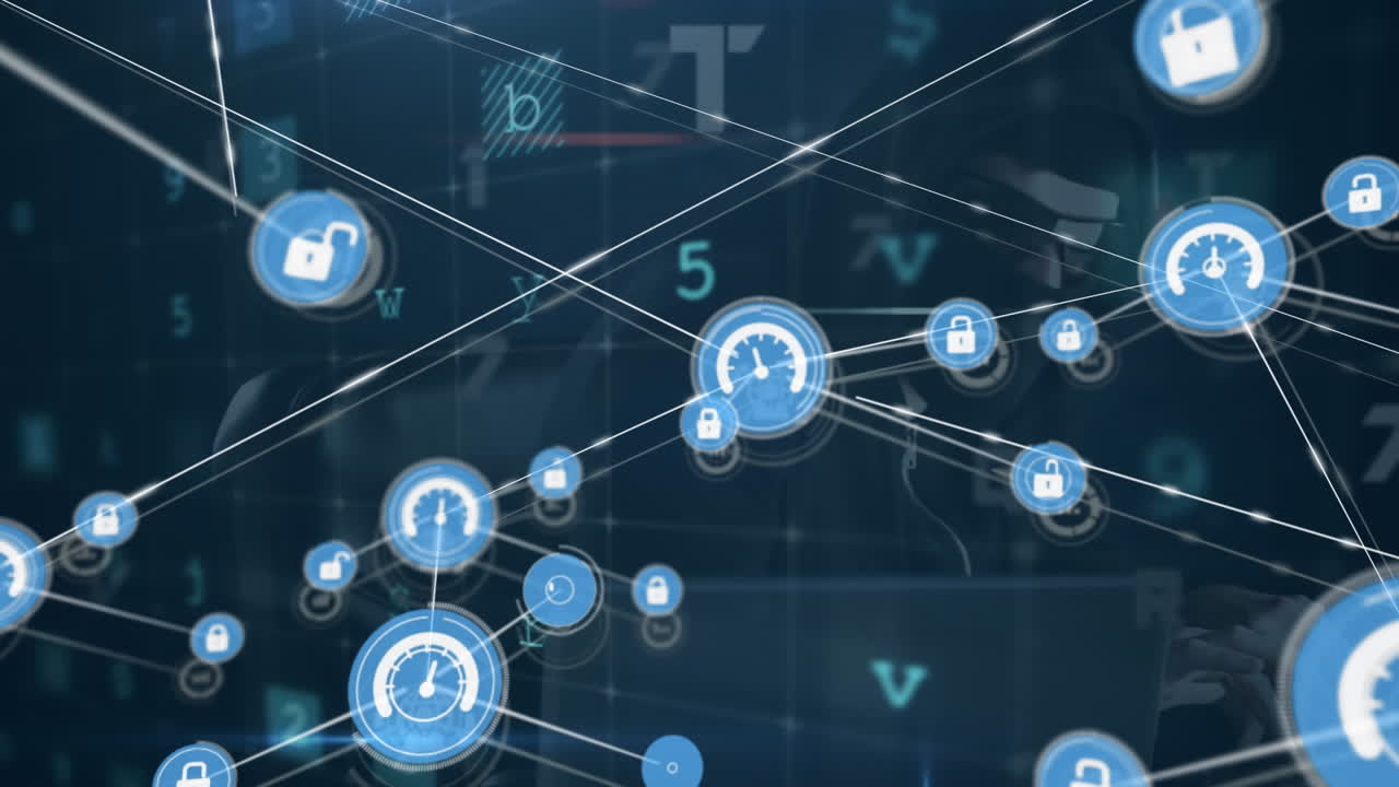 Animation of data processing and caucasian male hacker over network of connections