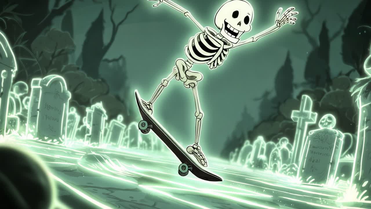 A playful cartoon skeleton joyfully skateboards through an eerie, supernatural graveyard, illuminated by ghostly green light amidst the tombstones and spooky trees