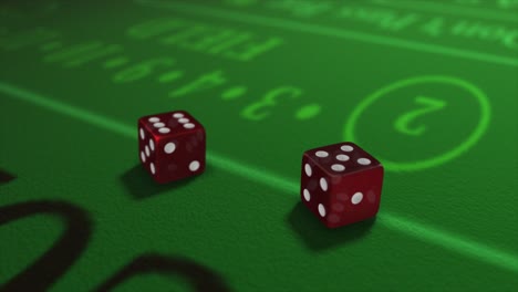 pair of dice thrown onto a craps or crapaud table with glittering poker machines in a casino background - craps throws - translucent red dice throw of five and six - eleven