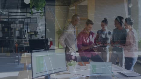 animation of financial data processing over diverse business people in office