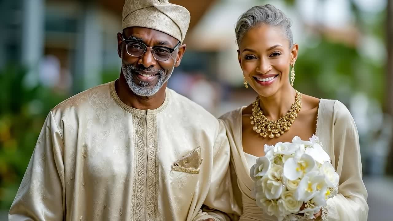 A man and a woman dressed in traditional attire holding hands