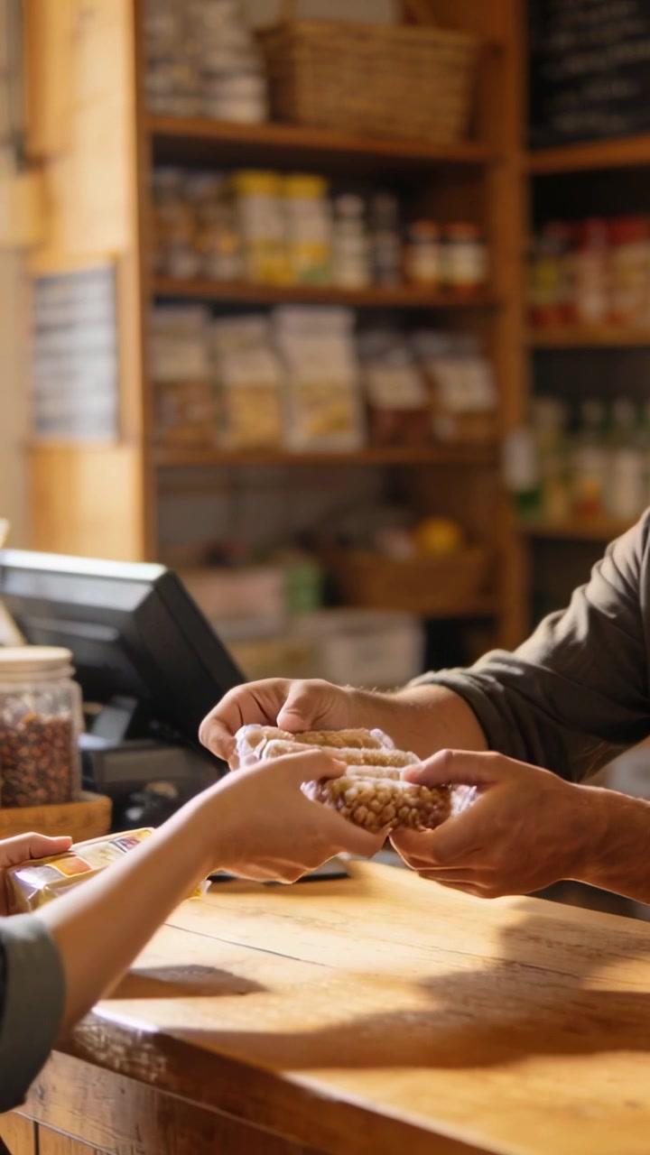 Video verticale: Cliente che presenta scontrino e scatola alla cassiera che prende un dolce alla cassa per l'acquisto