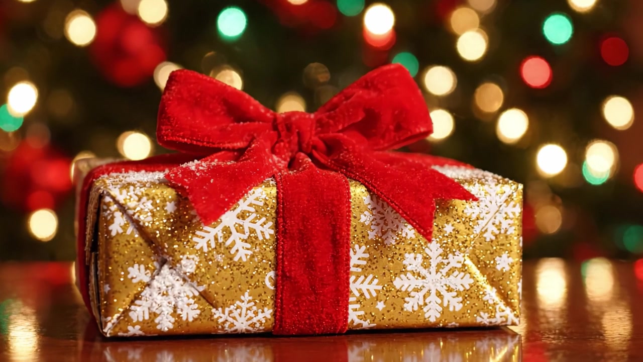 Un regalo di Natale splendidamente incartato con un fiocco rosso su uno sfondo scintillante di luci natalizie colorate, che crea un'atmosfera gioiosa e festosa per la stagione