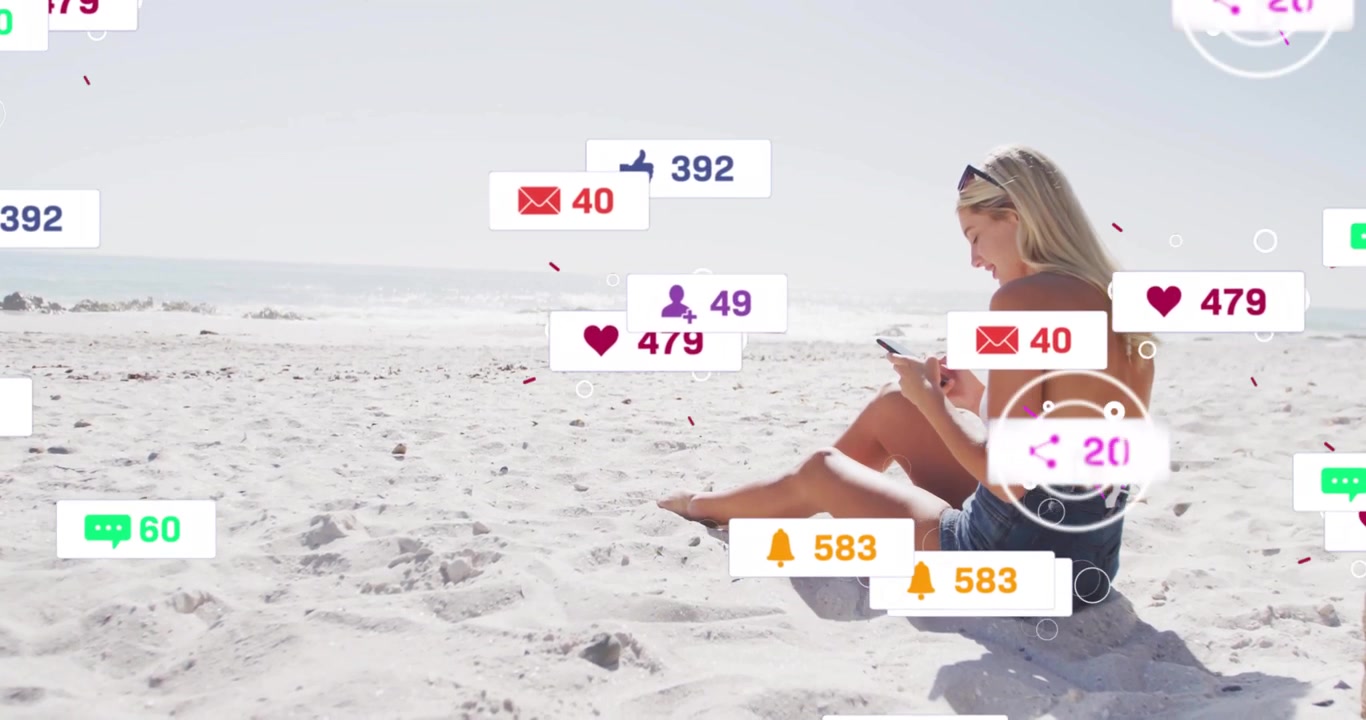 Kvinna scrollar på telefonen på stranden, sociala medieikoner stiger över horisonten, samlas sedan och bleknar till ett hjärta.