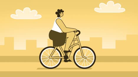 yellow style woman flat character riding bike. isolated loop animation with alpha channel