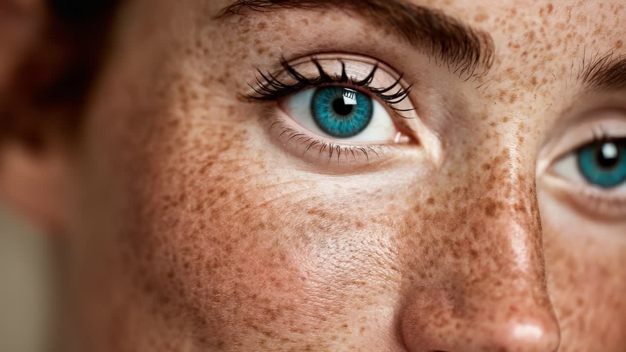 Captivating Close-Up of a Freckled Individual with Striking Blue Eyes, Showcasing Natural Beauty and Intricate Skin Textures