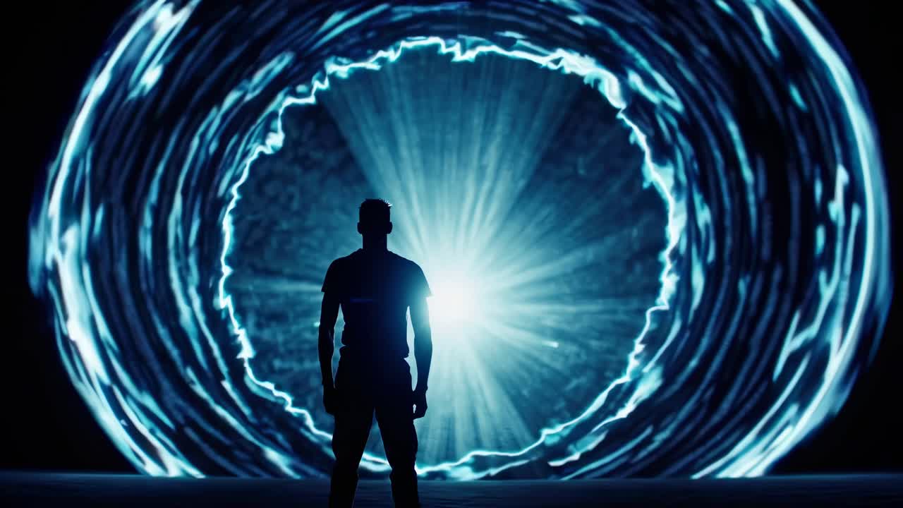 Man Standing in a Glowing Blue Portal