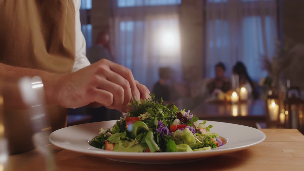 Chef Garnishing a Fresh Salad in a Restaurant