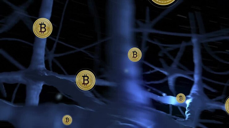 Simboli Bitcoin che fluttuano su animazione di rete neurale