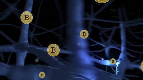 bitcoin symbols floating over neural network animation