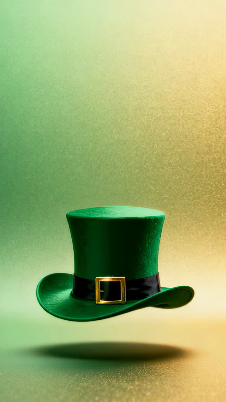 Video vertical: Sombrero de copa verde flotando y oscilando en un estudio después de elevarse para mostrar una sombra suave y una hebilla.