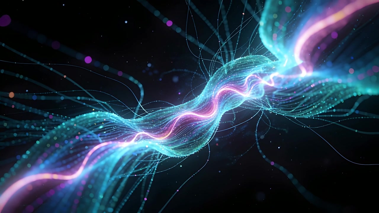 Pulsing glow sparking braided ribbon shifting in dark void, magenta core cyan mesh sending energy