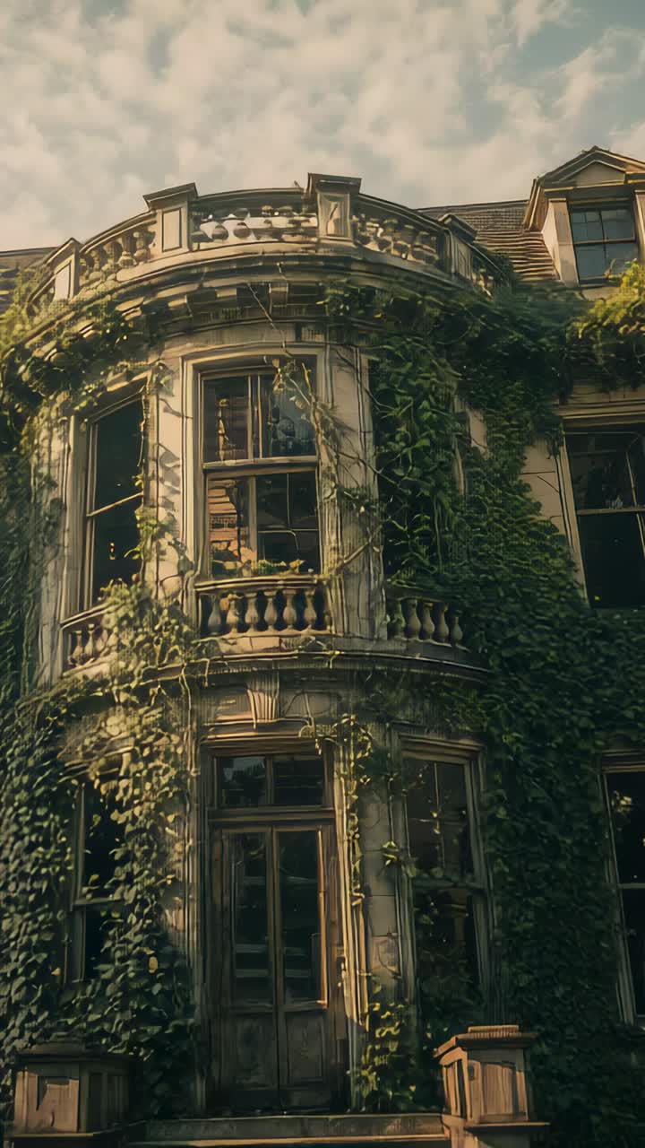 Vertical video: Tilting camera revealing curved facade, showing upper balustrade, bay window, vines