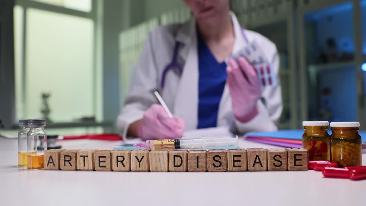 Medical Scene with 'Artery Disease' Blocks, Syringe, and Doctor