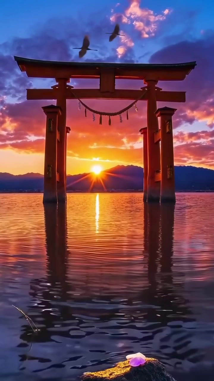 Betagende solnedgangsudsigt over den ikoniske Itsukushima Torii-port i Japan