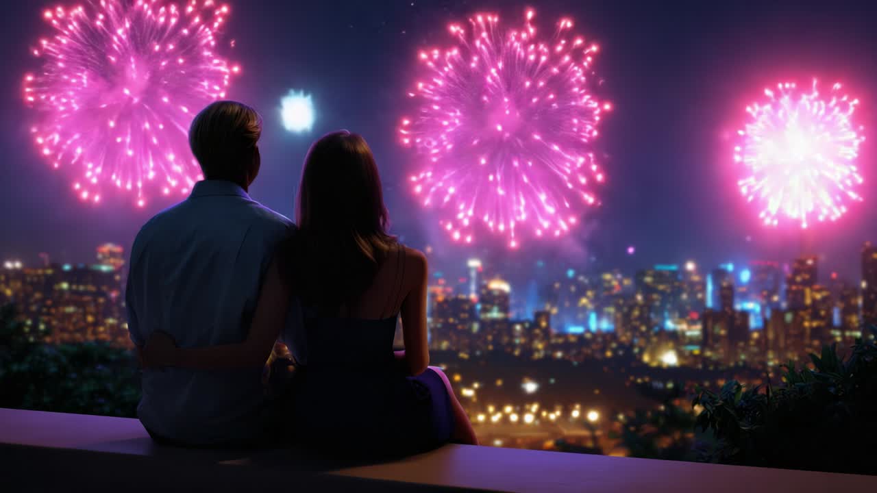 A Romantic Evening Under the Night Sky: A Couple Enjoys a Spectacular Fireworks Display Overlooking a Cityscape, Their Connection Illuminated by Vibrant Bursts of Color and Joyful Celebration in the Air