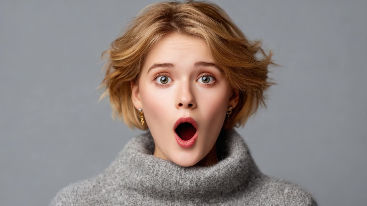 A Surprised Woman Transitions from Shock to Joy, Captured in Two Engaging Frames Displaying Her Expressive Reactions in a Cozy Sweater Against a Neutral Background