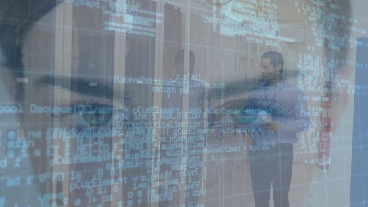 Animation of c data processing over women's face and caucasian male it technician by server