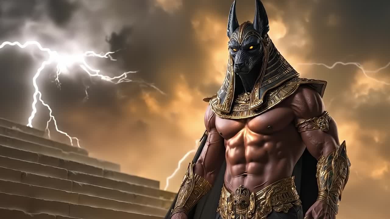 Anubis is standing in front of a stormy sky with lightning
