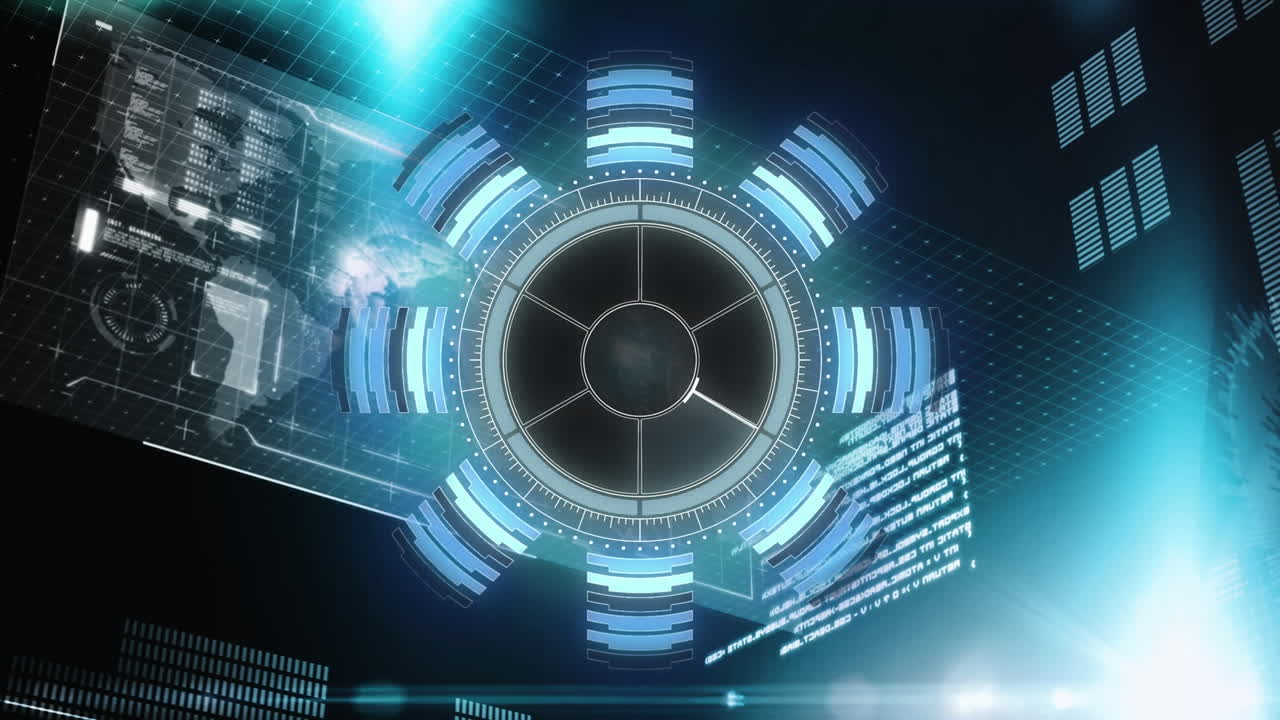 검은 바탕에 데이터 처리를 가진 디지털 인터페이스에 대한 둥근 스캐너