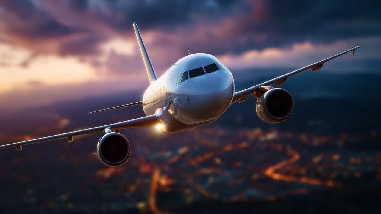 Una vista mozzafiato di un aereo in volo su un vivace paesaggio urbano al crepuscolo, che cattura l'essenza dell'aviazione su un cielo drammatico pieno di nuvole