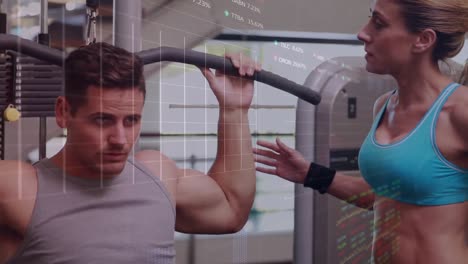 animación del procesamiento de datos financieros sobre una pareja caucásica haciendo ejercicio en el gimnasio