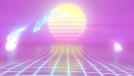 aesthetic vaporwave dolphins jump over cgi retro 90s sun grid ocean - 4k seamless vj loop motion background animation