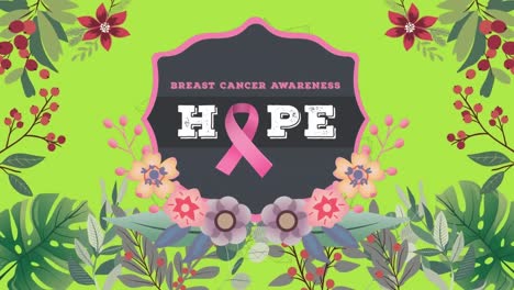 Animation-of-hope-text-with-pink-ribbon-over-flowers