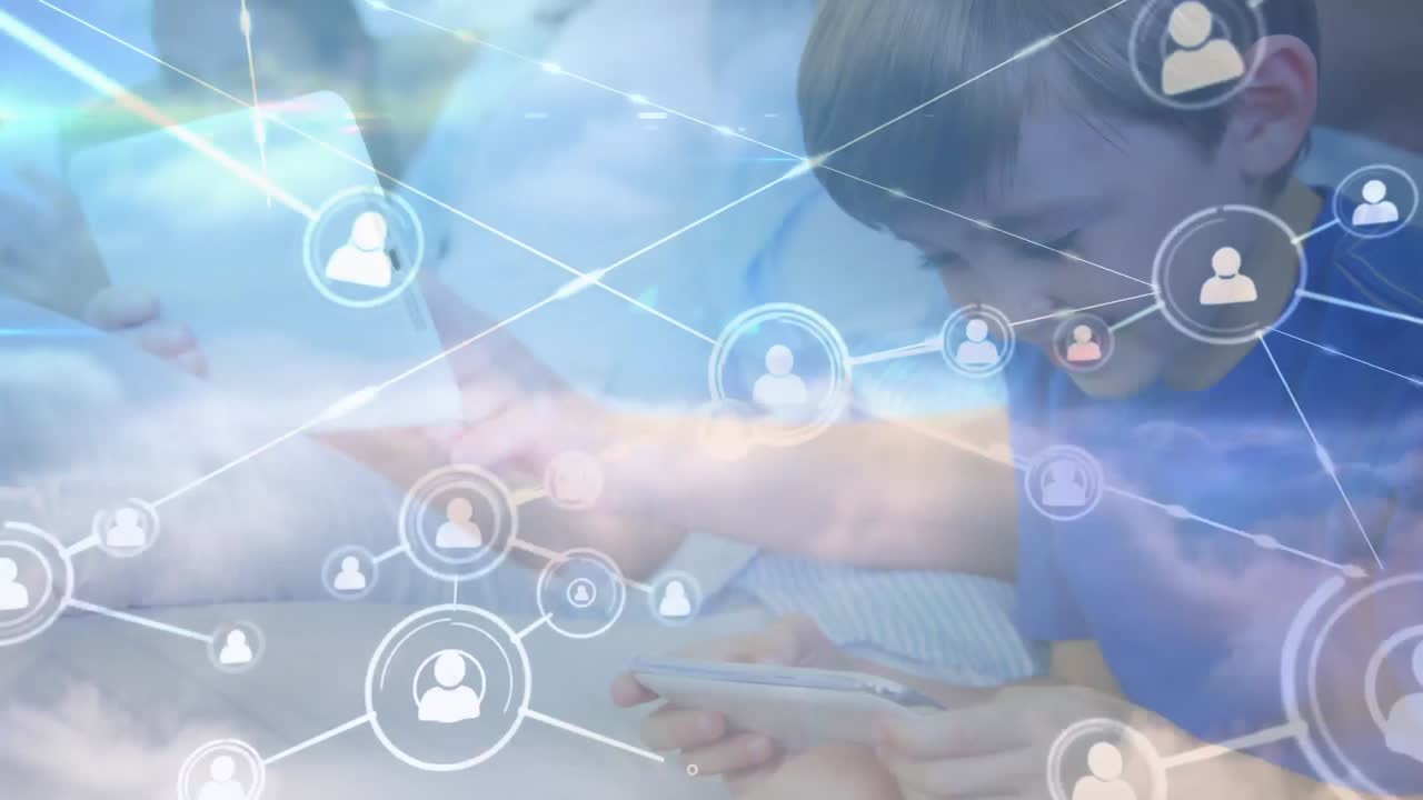 iconos de red de conexión contra la familia que utiliza dispositivos electrónicos